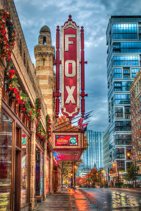 the fox theater sign decorated for christmas